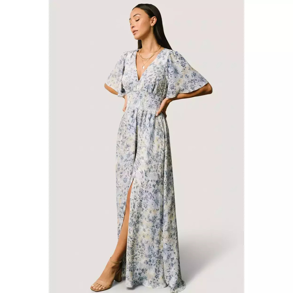 Baltic Born Verona Smocked Maxi Dress | White + Blue Print Size LL